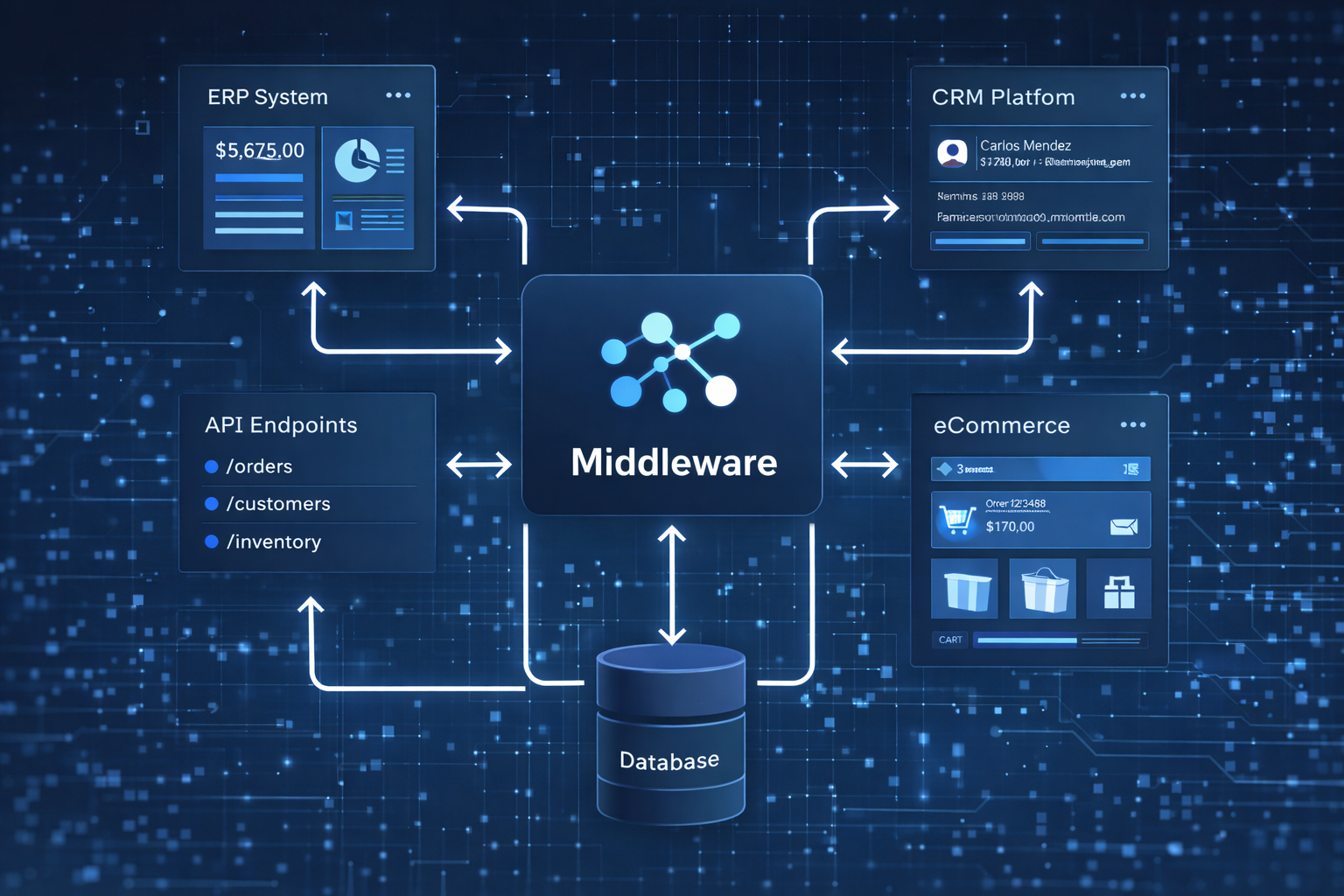 Sistemas conectados con flechas y nodos de datos