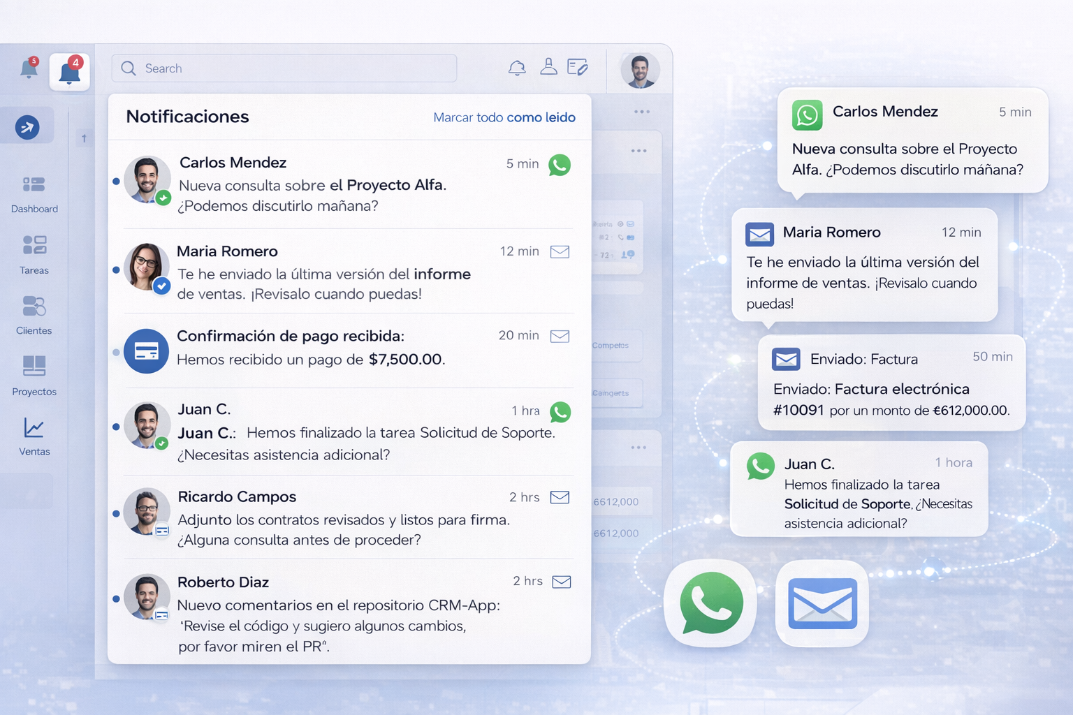 Panel de notificaciones omnicanal con alertas y mensajes