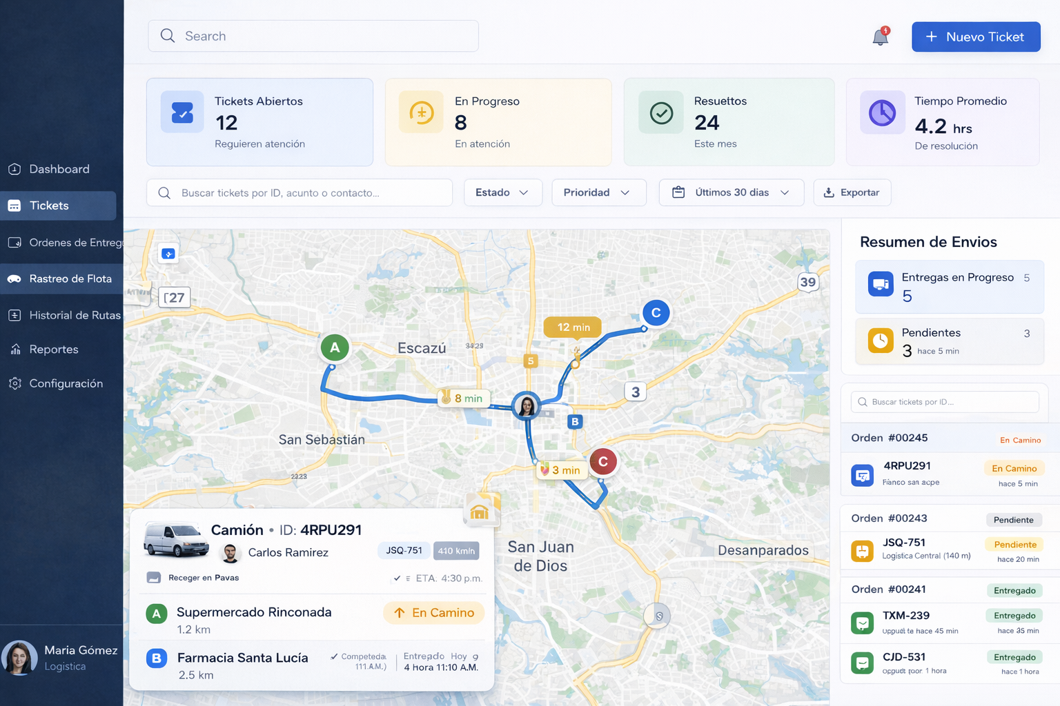 Mapa con rutas y seguimiento de entregas en tiempo real
