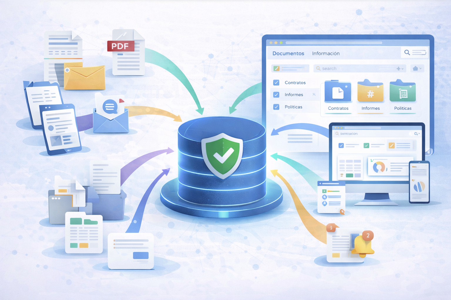 Documentos dispersos convergiendo en un panel central de gestión