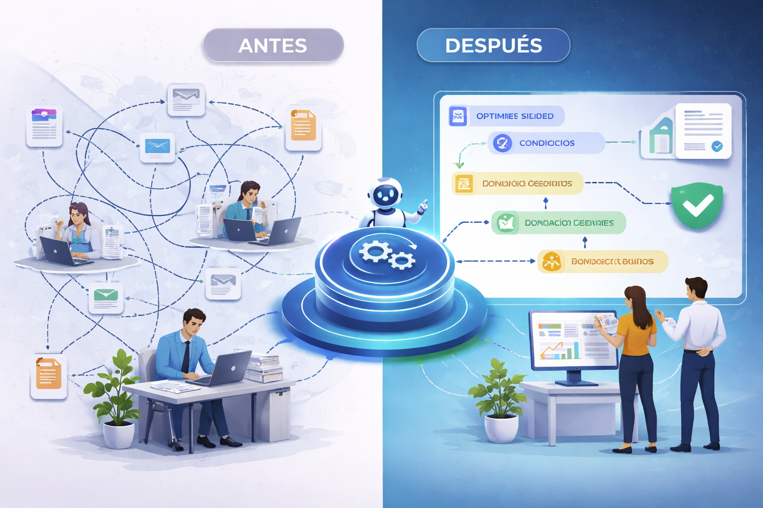 Flujo antes y después de la optimización de procesos empresariales