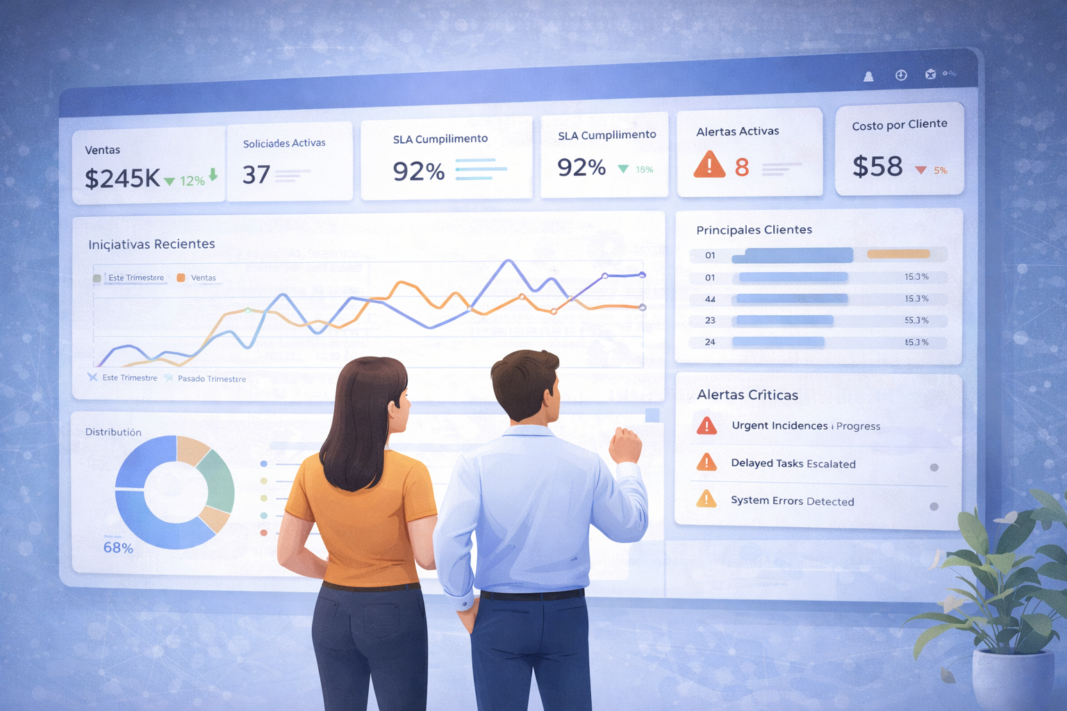 Tablero ejecutivo con métricas, alertas e indicadores en tiempo real